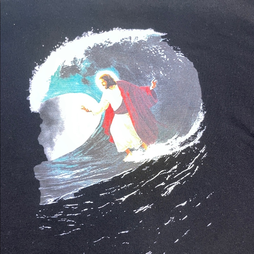 Surfing Jesus Black Graphic T Shirt